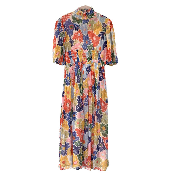 FARM RIO Sunny Daisies Maxi Dress XS Sand Boho Smocked Anthropologie Floral EUC - Picture 1 of 11